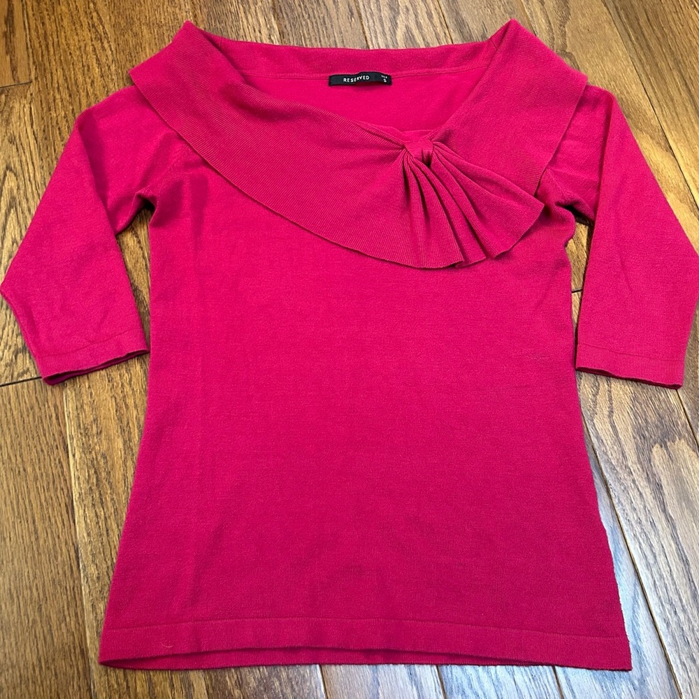 Reserved Magenta 3/4 Sleeve Top with Gathered Bow Boatneck Collar Size S